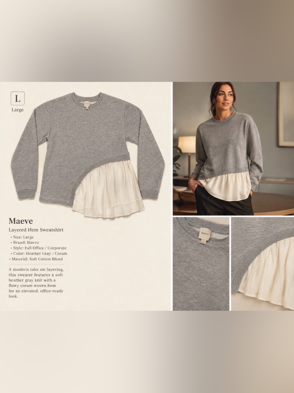 Maeve Grey Pullover with Cream Layered Hem Ruffle Twofer Size Large